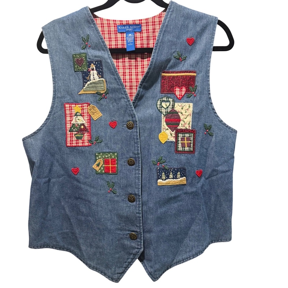 Y2K Karen Scott Christmas Denim Holiday Vest Women Large winter snowman appliqué